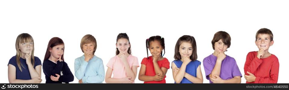 Eight pensive children thinking isolated on a white background