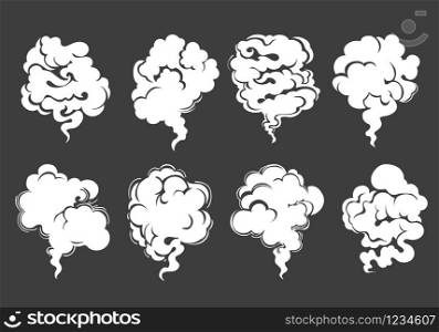 Eight White Clouds of smoke or steam on black background drawn in cartoon style. Vector illustration.