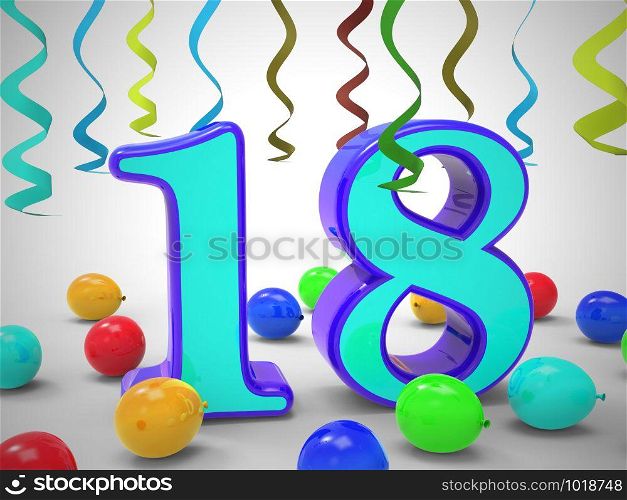 Eighteenth birthday celebration balloons shows a happy event. Celebrating 18th with a joyful teen party - 3d illustration