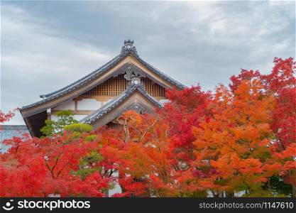Eikando Zenrinji Temple with red maple leaves or fall foliage in autumn season. Colorful trees, Kyoto, Japan. Nature landscape background.