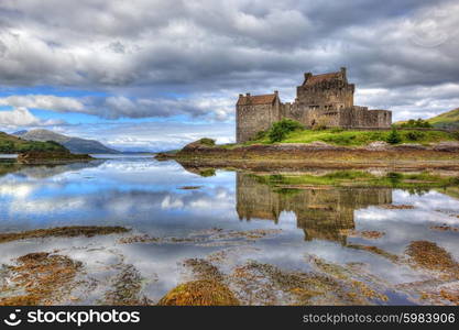 Eilean Donan castle on a cloudy day, Highlands, Scotland, UK