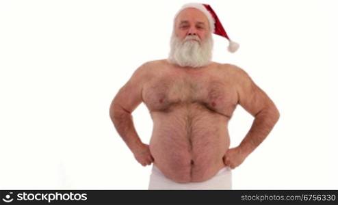 Ein etwas verrnckter Weihnachtsmann mit nacktem Oberk?rper und Weihnachtsmannmntze.Freaky Santa with white beard - real character.