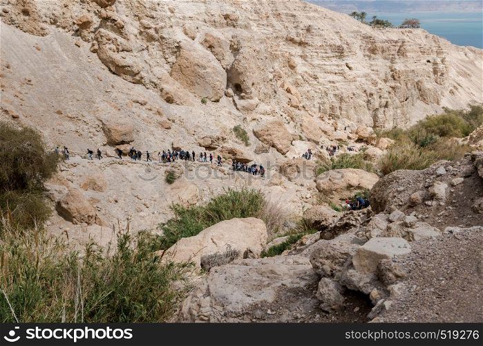 Ein Gedi,Israel,26-march-2019:people having fun in national park Ein Gedi at the Dead Sea in israel. people in ein gedi in israel
