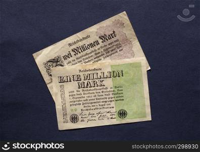Eine und Zwei Million Mark (meaning One and Two Million Mark) year 1923 banknotes inflation money from Weimar Republic. Eine und Zwei Million Mark (One and Two Million Mark) notes