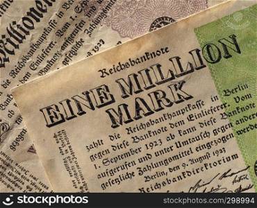 Eine und Zwei Million Mark (meaning One and Two Million Mark) year 1923 banknotes inflation money from Weimar Republic. Eine und Zwei Million Mark (One and Two Million Mark) notes