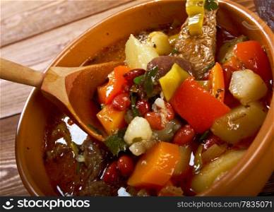 Eintopf -Traditional german cuisine dish.closeup of a bowl of beef stew.farm-style
