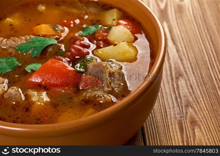 Eintopf -Traditional german cuisine dish.closeup of a bowl of beef stew.farm-style