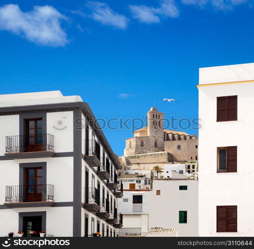 Eivissa Ibiza town with church under summer blue sky