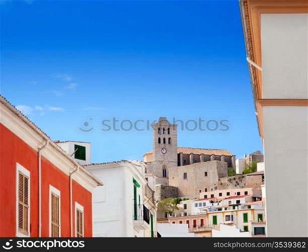 Eivissa Ibiza town with church under summer blue sky