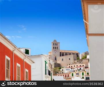 Eivissa Ibiza town with church under summer blue sky