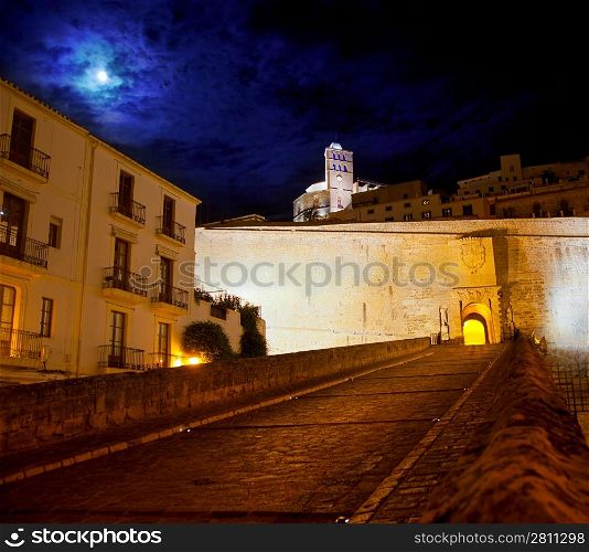 Eivissa Ibiza town with night moon castle entrance and Church