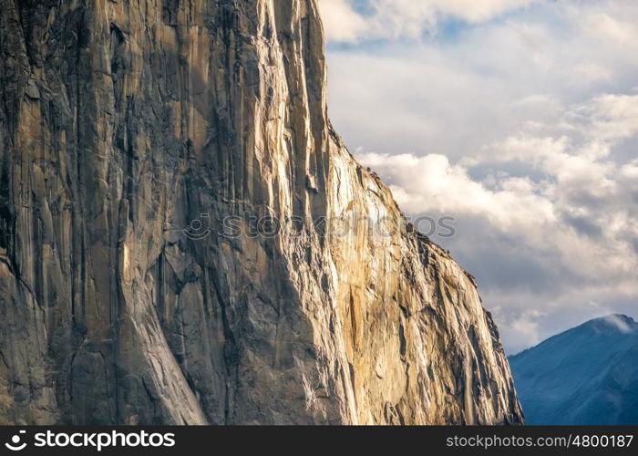 El Capitan rock close-up in Yosemite National Park Valley at cloudy autumn morning from Tunnel View. California, USA.
