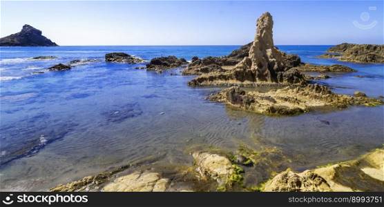 El Dedo Reef, Cabo de Gata-Nijar Natural Park, UNESCO Biosphere Reserve, Hot Desert Climate Region, Almeria, Andalucia, Spain, Europe. El Dedo Reef, Cabo de Gata-Nijar Natural Park, Spain 