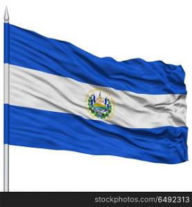 El Salvador Flag on Flagpole , Flying in the Wind, Isolated on White Background