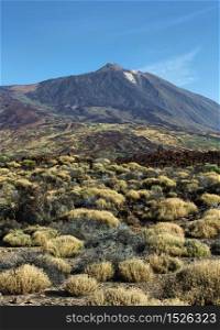 El Teide volcano mountain summit and surronding colorful desert. El Teide summit desert