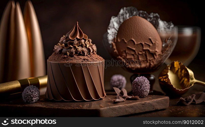 Elaborated chocolate desserts from a prestigious chef. Dark background. Generative AI