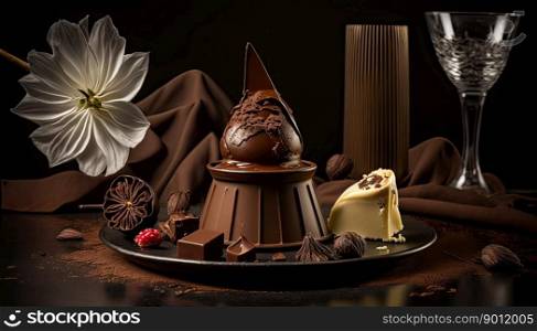 Elaborated chocolate desserts from a prestigious chef. Dark background. Generative AI