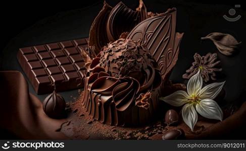 Elaborated chocolate desserts from a prestigious chef. Dark background. Generative AI