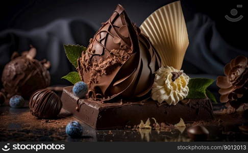 Elaborated chocolate desserts from a prestigious chef. Dark background. Generative AI