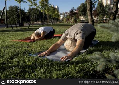 elder couple doing yoga outside