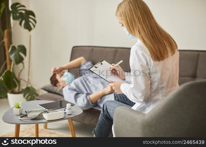 elder woman with medical mask covid rehabilitation