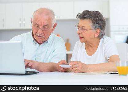 elderly couple in front of the laptop at home