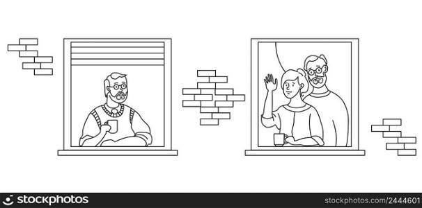 elderly couple looking for a house. windows with people neighbors. Self-isolation, quarantine during COVID-19. Stay home. An old man and a married couple are neighbors. Vector. The concept of social isolation
