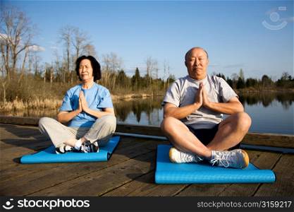 Elderly couple meditating