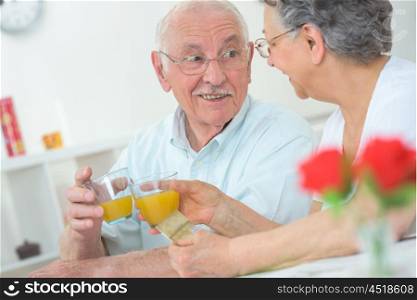 Elderly couple toasting with orange juice
