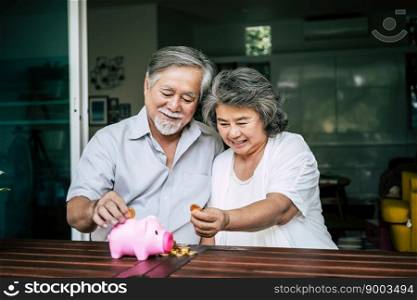 Elderly Couples talking about finance with piggy bank