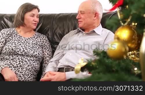 Elderly happy couple talking near a Christmas tree. They are out focus and then comes in focus when camera close to them.