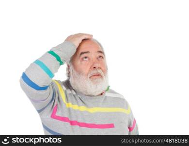 Elderly man with a gesture of having forgotten something isolated on white
