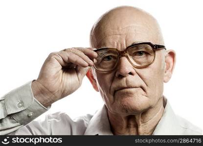 Elderly man with massive glasses isolated on white background