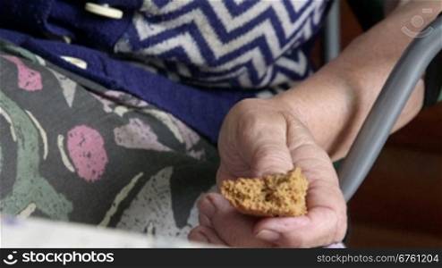 Elderly woman hands with a piece of bread closeup