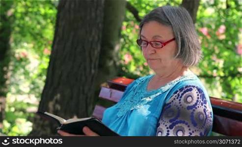 Elderly woman reading bible outdoors on the bench.