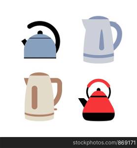 Electric and gas kettles. Flat style teapots. Cookware collection. Metal and plastic samples. Color illustration set. Vector icons. Mockup