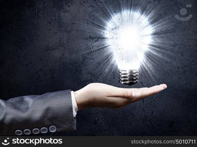 Electric bulb. Close up of businesswoman hand holding bulb in palm