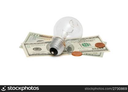 Electric bulb on dollar bills with cents solated