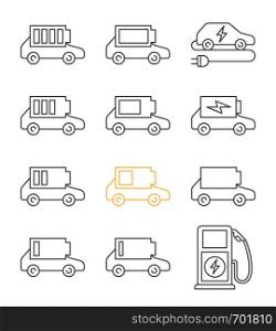 Electric car battery charging linear icons set. Automobile battery level indicator. High, middle and low charge. Thin line contour symbols. Isolated vector outline illustrations. Editable stroke. Electric car battery charging linear icons set