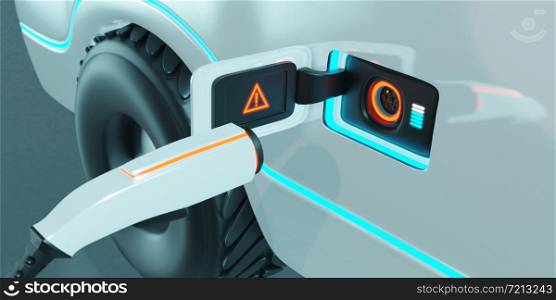 Electric car charger and socket on vehicle. charging plug close up. 3d illustrations