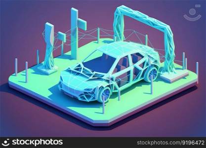 Electric car charging concept in green environment. Neural network AI generated art. Electric car charging concept in green environment. Neural network AI generated