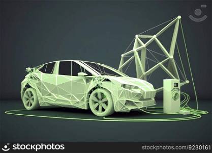 Electric car charging concept in green environment. Neural network AI generated art. Electric car charging concept in green environment. Neural network AI generated