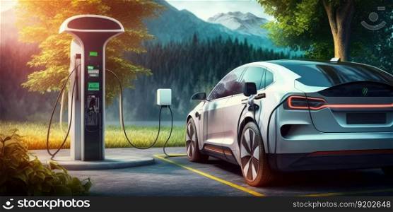 Electric car EV charging battery at charger station. distinct generative AI image.. Electric car EV charging battery at charger station
