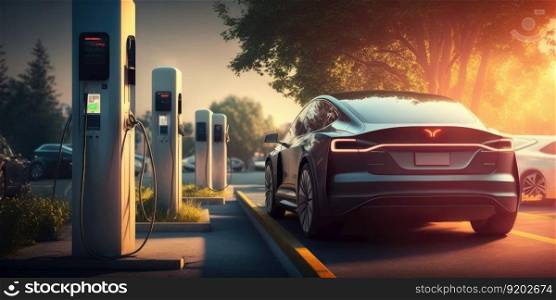 Electric car EV charging battery at charger station. distinct generative AI image.. Electric car EV charging battery at charger station