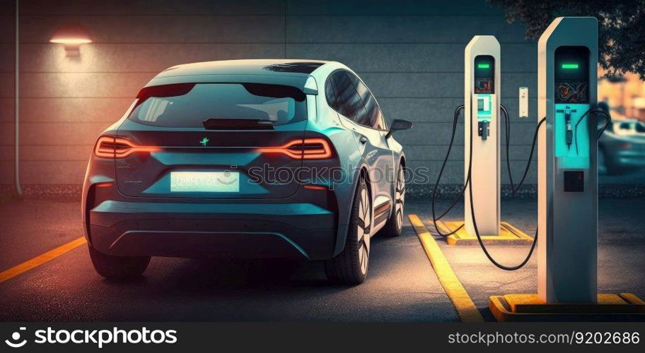 Electric car EV charging battery at charger station. distinct generative AI image.. Electric car EV charging battery at charger station