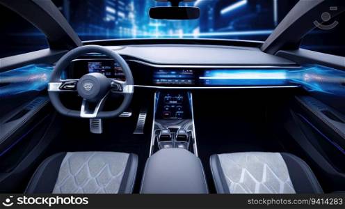 Electric car interior details of Inside car with front seats, driver and passenger, textile, windows, door panels, console.