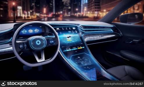 Electric car interior details of Inside car with front seats, driver and passenger, textile, windows, door panels, console.