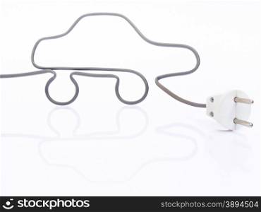 Electric car made of grey electric wire and a plug isolated on white background