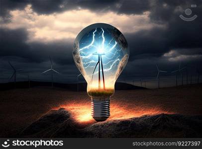 Electric charge in the light bulb
illustration. AI generative.