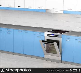 Electric cooker with induction cooktop and range hood in the kitchen